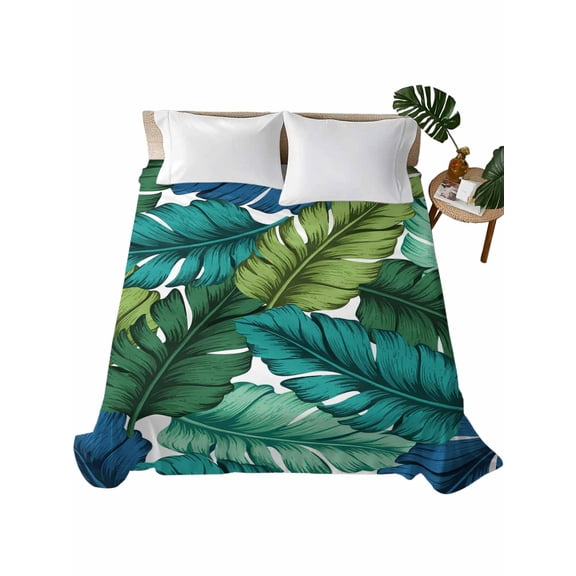 California King Size Flat Sheet Only,Tropical Banana Leaf Soft Top Bed Sheets Breathable Bedding Sheet Classic Summer Green Blue Plants Microfiber Hotel Luxury Top Sheets