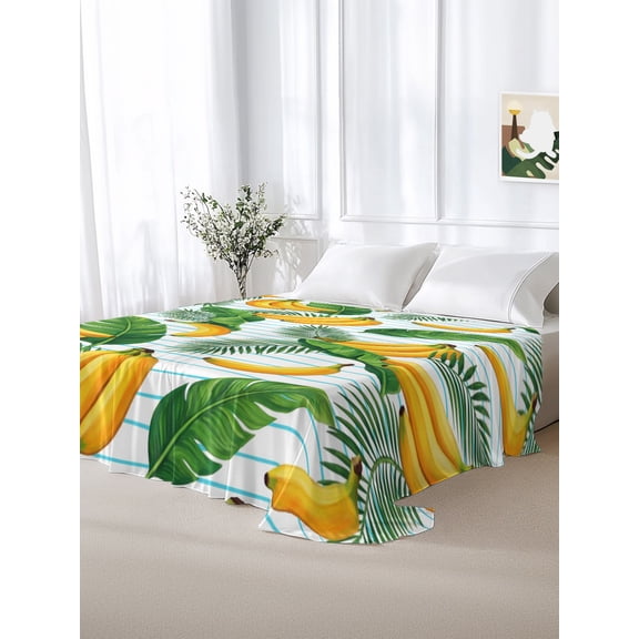 California King Size Flat Sheet Only,Tropical Leaves Fruit Bananas Soft Top Bed Sheets Breathable Bedding Sheet Green Striped Background Microfiber Hotel Top Sheets