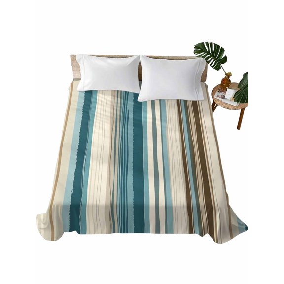 King Size Flat Sheet Only, Turquoise Beige Soft Brushed Microfiber Bed Sheets, Boho Vertical Stripes Bohemian Retro Hotel Quality Breathable Bedding Top Sheet, Easy Care, 105"x98"