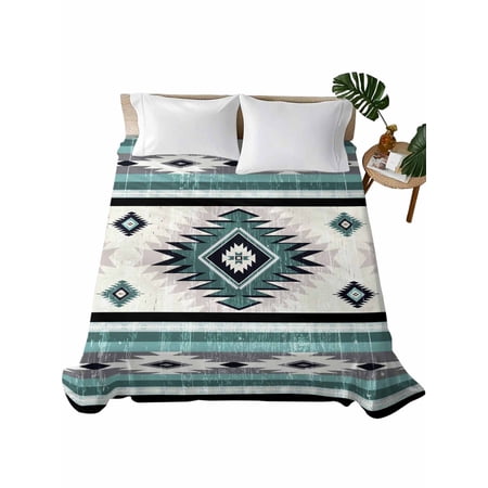 California King Size Flat Sheet Only, Turquoise Boho Soft Brushed Microfiber Bed Sheets, Southwestern Ethnic Aztec Retro Geometric Hotel Quality Breathable Bedding Top Sheet, Easy Care, 108"x98"