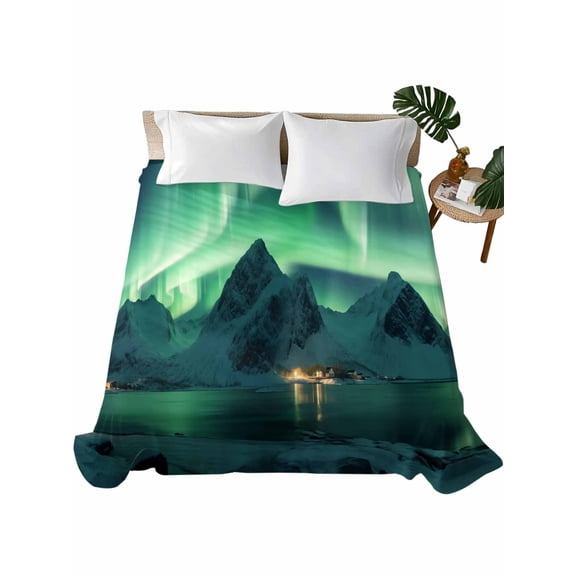 King Size Flat Sheet Only, Turquoise Soft Brushed Microfiber Bed Sheets, Teal Aurora Iceland Scenery Mountain Hotel Quality Breathable Bedding Top Sheet, Easy Care, 105"x98"