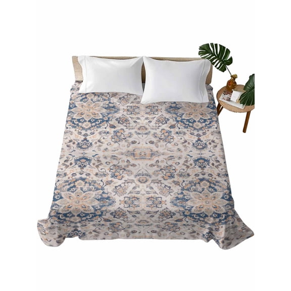 King Size Flat Sheet Only, Vintage Blue Boho Soft Brushed Microfiber Bed Sheets, Mexican Flowers Southwestern Ethnic Hotel Quality Breathable Bedding Top Sheet, Easy Care, 105"x98"