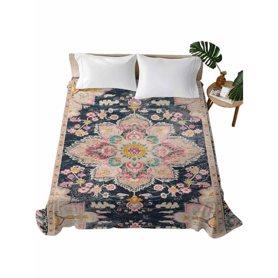 California King Size Flat Sheet Only, Vintage Boho Soft Brushed Microfiber Bed Sheets, Middle Century Western Geometric Abstract Art Hotel Quality Breathable Bedding Top Sheet, Easy Care, 108"x98"