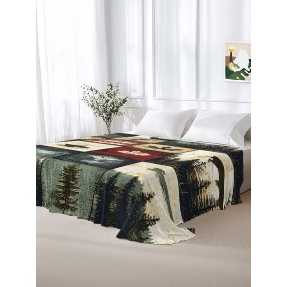 California King Size Flat Sheet Only,Vintage Deer Maple Leaves Soft Top Bed Sheets Breathable Bedding Sheet Pine Tree Patchwork Microfiber Hotel Luxury Top Sheets