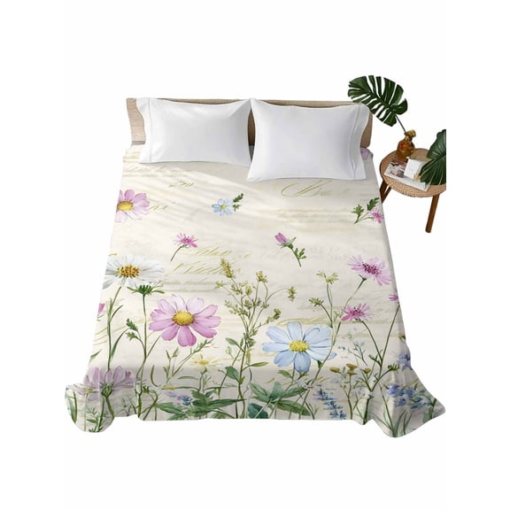 California King Size Flat Sheet Only, Vintage Flower Soft Brushed Microfiber Bed Sheets, Botanical Wildflower Plant Country Daisy Hotel Quality Breathable Bedding Top Sheet, Easy Care, 108"x98"
