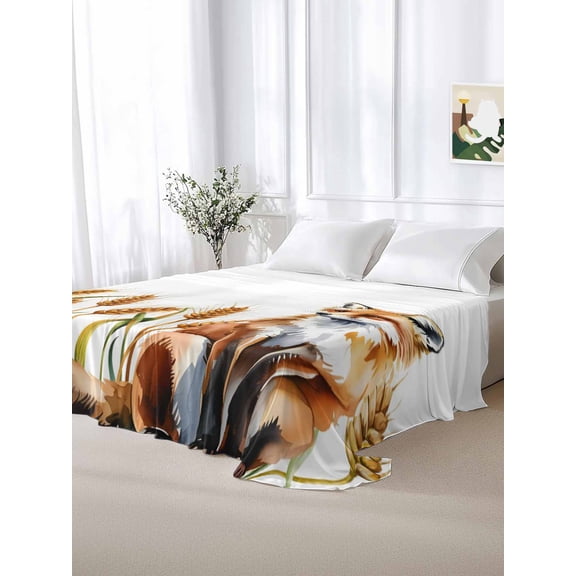 California King Size Flat Sheet Only,Watercolor Cute Fox Soft Top Bed Sheets Breathable Bedding Sheet Autumn Countryside Farmhouse Microfiber Hotel Luxury Top Sheets