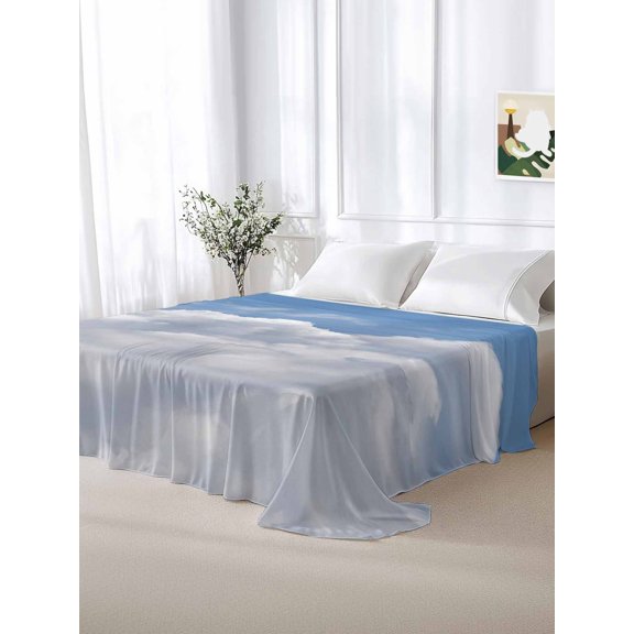 California King Size Flat Sheet Only, White Clouds Soft Top Bed Sheets Breathable Bedding Sheet Sunny Gradient Back Microfiber Hotel Top Sheets