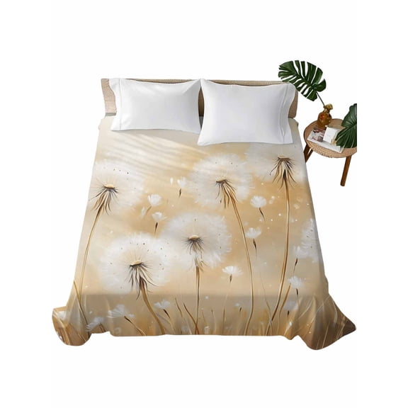 California King Size Flat Sheet Only, White Dandelion Soft Brushed Microfiber Bed Sheets, Spring Farmhouse Pastoral Flowers Floral Hotel Quality Breathable Bedding Top Sheet, Easy Care, 108"x98"