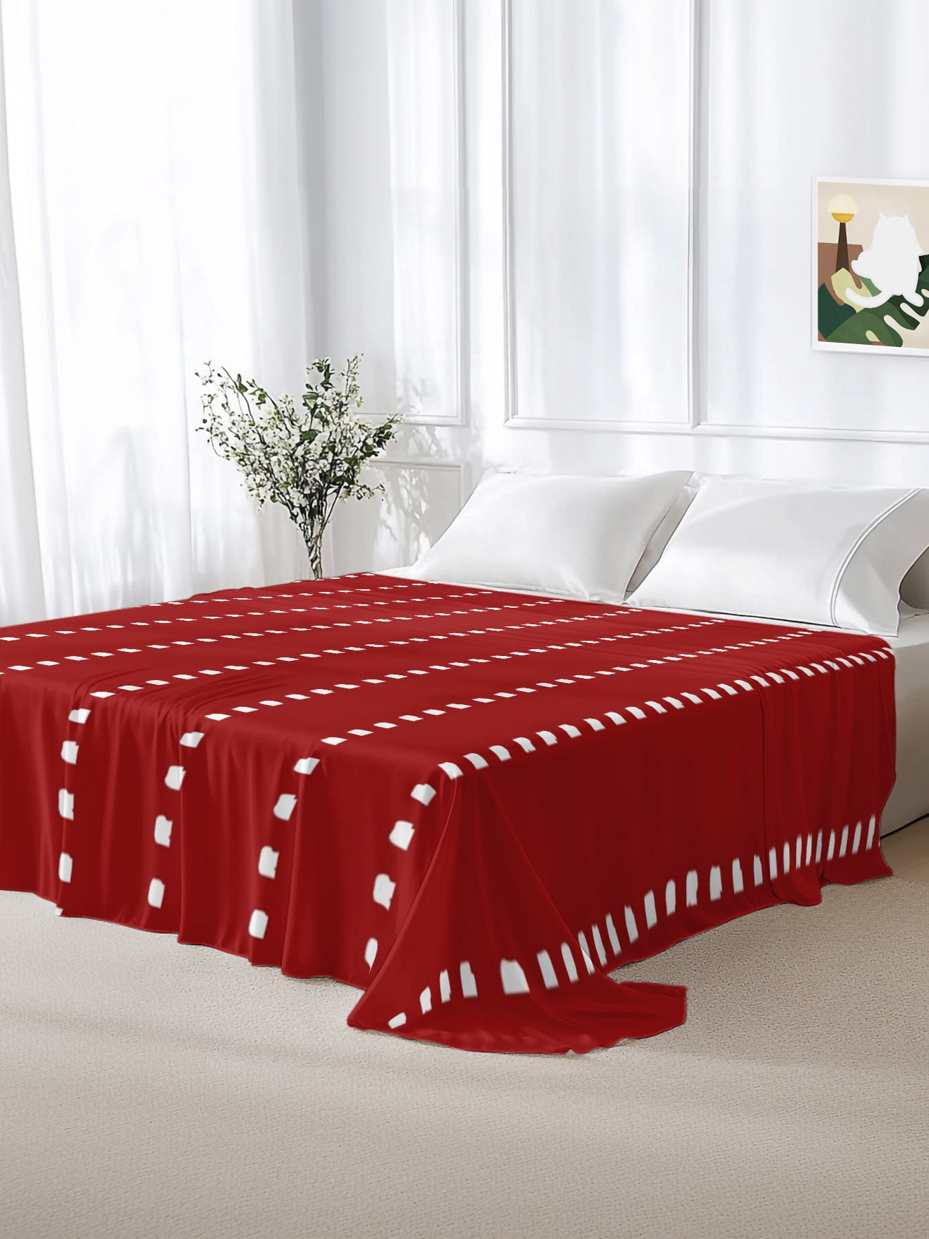 California King Size Flat Sheet Only,White Dotted Line on Burgundy Red ...