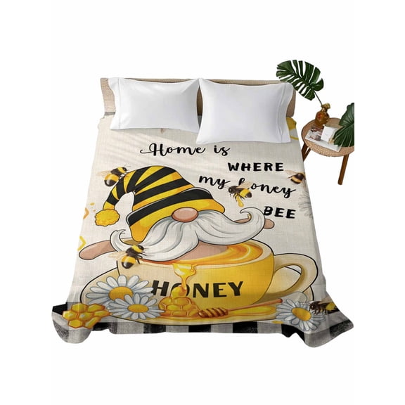 California King Size Flat Sheet Only, Yellow Gnomes Soft Brushed Microfiber Bed Sheets, Vintage Daisy Honey Plaid Flower Hotel Quality Breathable Bedding Top Sheet, Easy Care, 108"x98"