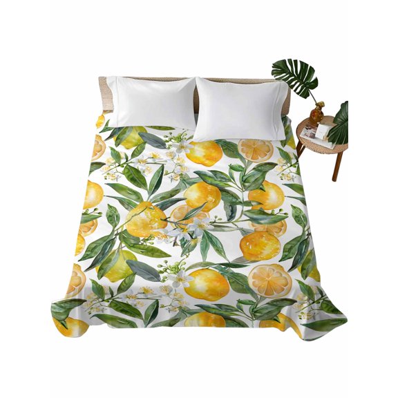 California King Size Flat Sheet Only,Yellow Lemon Green Leaves Flowers Soft Top Bed Sheets Breathable Bedding Sheet Summer Fruit Watercolor Microfiber Hotel Luxury Top Sheets