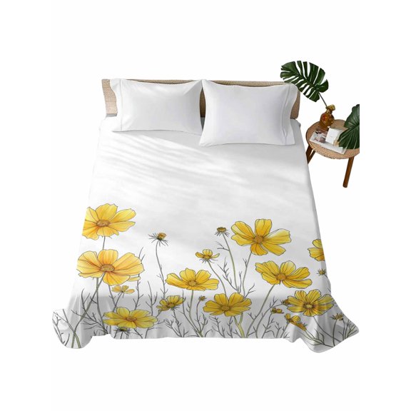 California King Size Flat Sheet Only, Yellow Spring Floral Soft Brushed Microfiber Bed Sheets, Summer Botanical Watercolor Daisy Hotel Quality Breathable Bedding Top Sheet, Easy Care, 108"x98"
