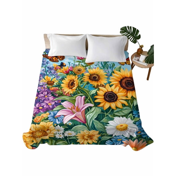 King Size Flat Sheet Only, Yellow Sunflower Soft Brushed Microfiber Bed Sheets, Wildflower Daisy Country Farm Pastoral Hotel Quality Breathable Bedding Top Sheet, Easy Care, 105"x98"
