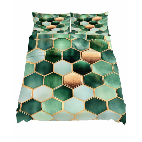 California King Size Geometric Pattern Sheet Sets Green Brown Hexagon Collage Art Soft Breathable Microfiber Bed Sheets 4 Piece Bed Sheets Set, 1 Fitted Sheet, 1 Flat Sheet & 2 Pillowcases