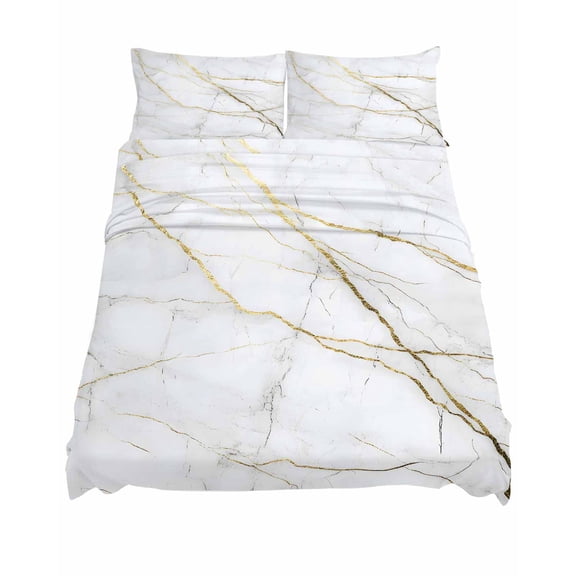 California King Size Gold White Marble Sheet Sets Gold Lines Abstract Modern Soft Breathable Microfiber Bed Sheets Deep Pockets 4 Piece Bed Sheets Set, 1 Fitted Sheet, 1 Flat Sheet & 2 Pillowcases