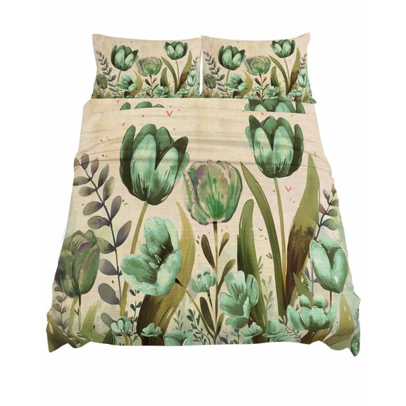 California King Size Green Tulip Sheet Sets Watercolor Floral Retro Linen Soft Breathable Microfiber Bed Sheets Deep Pockets 4 Piece Bed Sheets Set, 1 Fitted Sheet, 1 Flat Sheet & 2 Pillowcases