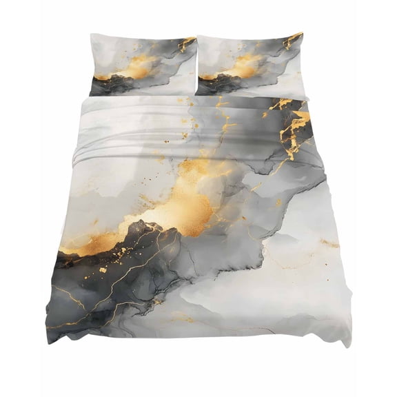 California King Size Grey Black Marble Sheet Sets Modern Art Abstract Luxury Gold Texture Soft Breathable Microfiber Bed Sheets 4 Piece Bed Sheets Set, 1 Fitted Sheet, 1 Flat Sheet & 2 Pillowcases