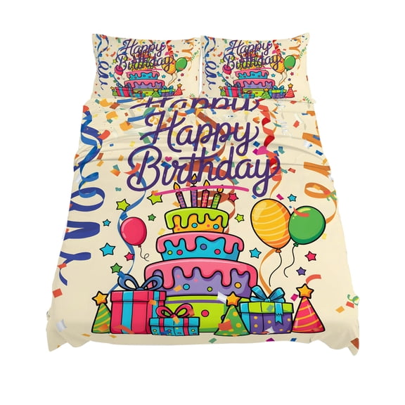 California King Size Happy Birthday Sheet Sets Ribbon Cake Gift Balloon Modern Celebration Soft Breathable Microfiber Bed Sheets 4 Piece Bed Sheets Set, 1 Fitted Sheet, 1 Flat Sheet & 2 Pillowcases