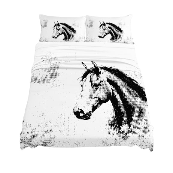 California King Size Horse Profile Sheet Sets Abstract Bold Black White Ink Dot Silhouette Soft Breathable Microfiber Bed Sheets Deep Pockets 4 Piece Set, 1 Fitted Sheet, 1 Flat Sheet & 2 Pillowcases