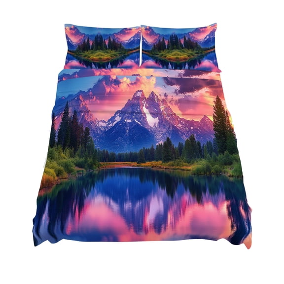 California King Size Landscape Sky Sheet Sets Modern Snow Mountain Lake Forest Soft Breathable Microfiber Bed Sheets Deep Pockets 4 Piece Bed Sheets Set, 1 Fitted Sheet, 1 Flat Sheet & 2 Pillowcases