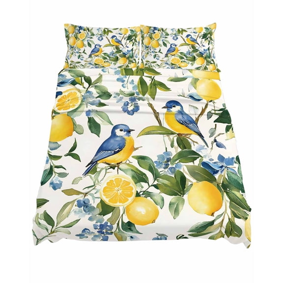 California King Size Lemon Bird Sheet Sets Fruit Leaves Branch Vintage Watercolor Soft Breathable Microfiber Bed Sheets 4 Piece Bed Sheets Set, 1 Fitted Sheet, 1 Flat Sheet & 2 Pillowcases