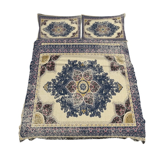 California King Size Light Beige Blue Flower Sheet Sets Medieval Ethnic Turkish Retro Soft Breathable Microfiber Bed Sheets 4 Piece Bed Sheets Set, 1 Fitted Sheet, 1 Flat Sheet & 2 Pillowcases