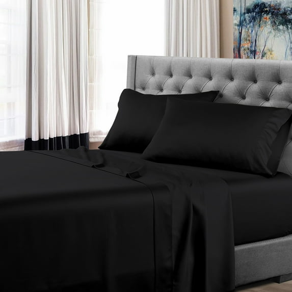 California King Size Luxury Extrasoft 100% Supima Cotton 4 Piece Sheets Set in Hotel Quality Sateen Weave Black Solid 15 Inch Deep Pocket