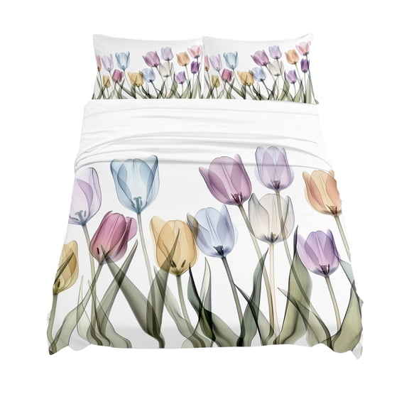 California King Size Minimalist Floral Sheet Sets Watercolor Colorful Tulip Leaf Transparent Soft Breathable Microfiber Bed Sheets 4 Piece Bed Sheets Set, 1 Fitted Sheet, 1 Flat Sheet & 2 Pillowcases