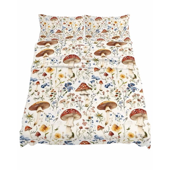 California King Size Mushroom Leaves Sheet Sets Watercolor Herbal Plant Country Botanical Soft Breathable Microfiber Bed Sheets 4 Piece Bed Sheets Set, 1 Fitted Sheet, 1 Flat Sheet & 2 Pillowcases