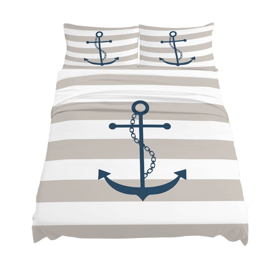 California King Size Nautical Anchor Sheet Sets Beige and White Striped Soft Breathable Microfiber Bed Sheets Deep Pockets 4 Piece Bed Sheets Set, 1 Fitted Sheet, 1 Flat Sheet & 2 Pillowcases