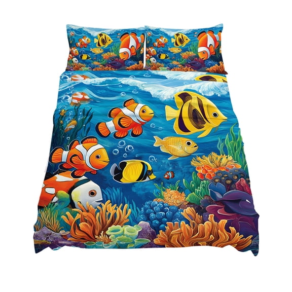 California King Size Ocean Tropical Sheet Sets Marine Life Colorful Fish Coral Seagrass Soft Breathable Microfiber Bed Sheets 4 Piece Bed Sheets Set, 1 Fitted Sheet, 1 Flat Sheet & 2 Pillowcases