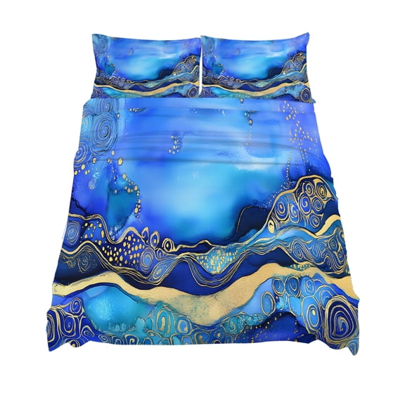 California King Size Ombre Blue Gold Marble Texture Sheet Sets Abstract Waves Art Soft Breathable Microfiber Bed Sheets 4 Piece Bed Sheets Set, 1 Fitted Sheet, 1 Flat Sheet & 2 Pillowcases