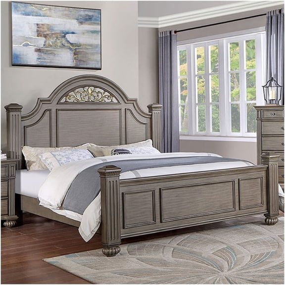 California King Size Panel Bed with Floral Headboard, Solid Wood Frame, Gray Modern Bedroom Furniture
