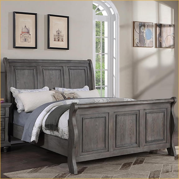 California King Size Particle Board MDF Bed Frame with Sleigh Headboard Antique Gray Oak for Master Bedroom