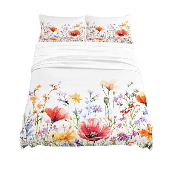 California King Size Pastoral Wild Flowers Sheet Sets Farmhouse Floral Leaves Plants Soft Breathable Microfiber Bed Sheets 4 Piece Bed Sheets Set, 1 Fitted Sheet, 1 Flat Sheet & 2 Pillowcases