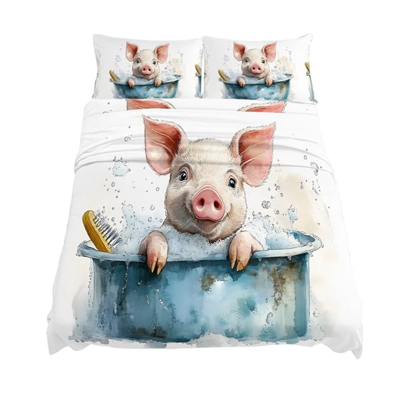 California King Size Pig Bathtub Sheet Sets Watercolor Animal Soft Breathable Microfiber Bed Sheets Deep Pockets 4 Piece Bed Sheets Set, 1 Fitted Sheet, 1 Flat Sheet & 2 Pillowcases