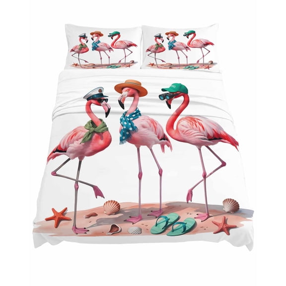 California King Size Pink Flamingo Sheet Sets Abstract Animals on The Beach Seaside Soft Breathable Microfiber Bed Sheets 4 Piece Bed Sheets Set, 1 Fitted Sheet, 1 Flat Sheet & 2 Pillowcases