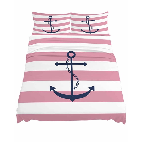 California King Size Pink Stripes Sheet Sets Anchor Nautical Geometric Soft Breathable Microfiber Bed Sheets Deep Pockets 4 Piece Bed Sheets Set, 1 Fitted Sheet, 1 Flat Sheet & 2 Pillowcases