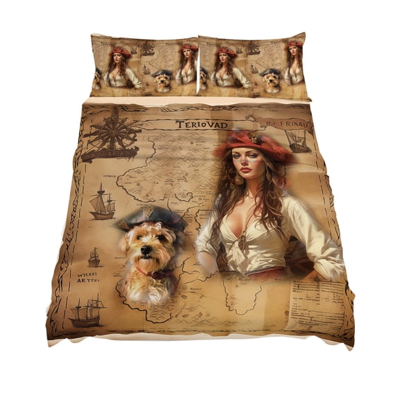 California King Size Pirate Girl Sheet Sets Cute Dog Treasure Map Soft Breathable Microfiber Bed Sheets Deep Pockets 4 Piece Bed Sheets Set, 1 Fitted Sheet, 1 Flat Sheet & 2 Pillowcases