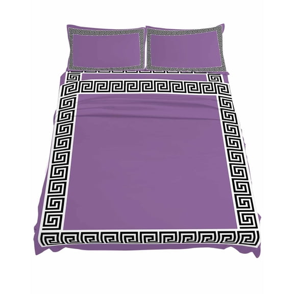 California King Size Purple Sheet Sets Greek Chinese Style Border Geometric Soft Breathable Microfiber Bed Sheets Deep Pockets 4 Piece Bed Sheets Set, 1 Fitted Sheet, 1 Flat Sheet & 2 Pillowcases