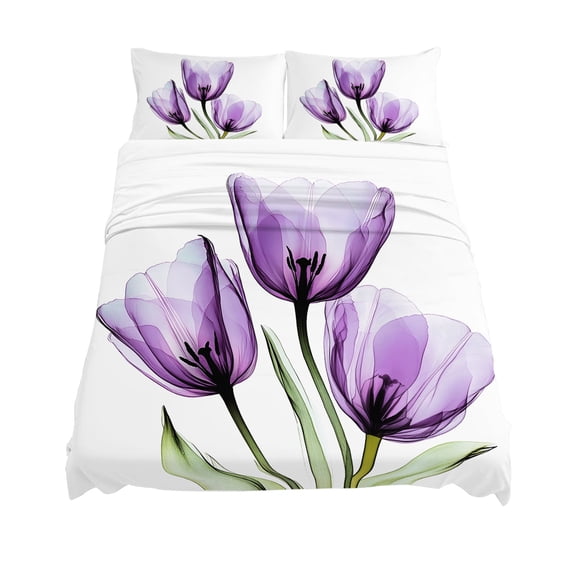 California King Size Purple Tulip Sheet Sets Transparent Flower Purple Floral Soft Breathable Microfiber Bed Sheets Deep Pockets 4 Piece Bed Sheets Set, 1 Fitted Sheet, 1 Flat Sheet & 2 Pillowcases