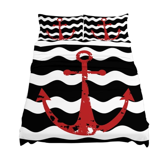 California King Size Red Nautical Sheet Sets Anchor Navy Blue Wavy Stripes Soft Breathable Microfiber Bed Sheets Deep Pockets 4 Piece Bed Sheets Set, 1 Fitted Sheet, 1 Flat Sheet & 2 Pillowcases