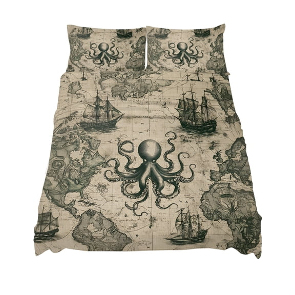 California King Size Retro Medieval Sheet Sets Map Octopus Nautical Soft Breathable Microfiber Bed Sheets Deep Pockets 4 Piece Bed Sheets Set, 1 Fitted Sheet, 1 Flat Sheet & 2 Pillowcases