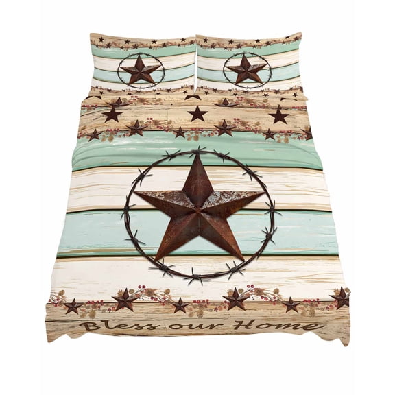 California King Size Retro Texas Star Sheet Sets Bless Our Home Farmhouse Teal Beige Wood Grain Soft Microfiber Bed Sheets 4 Piece Bed Sheets Set, 1 Fitted Sheet, 1 Flat Sheet & 2 Pillowcases