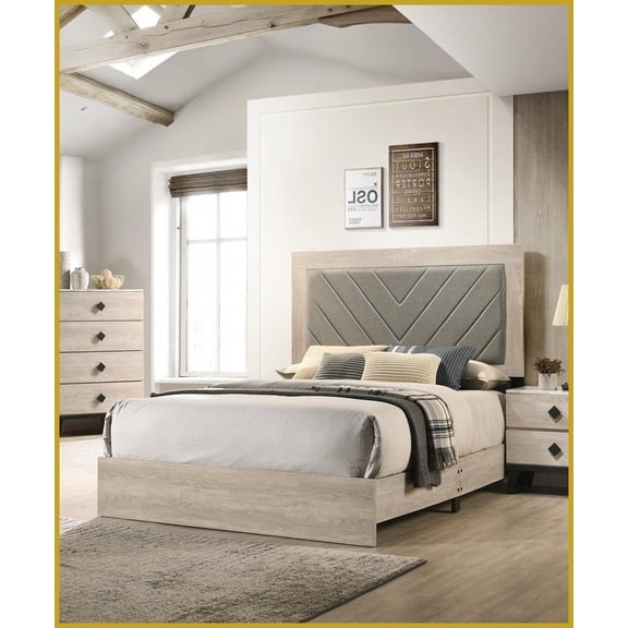 California King Size Rubberwood Bed Frame with Gray V-Design Fabric Headboard Cream Finish for Master Bedroom