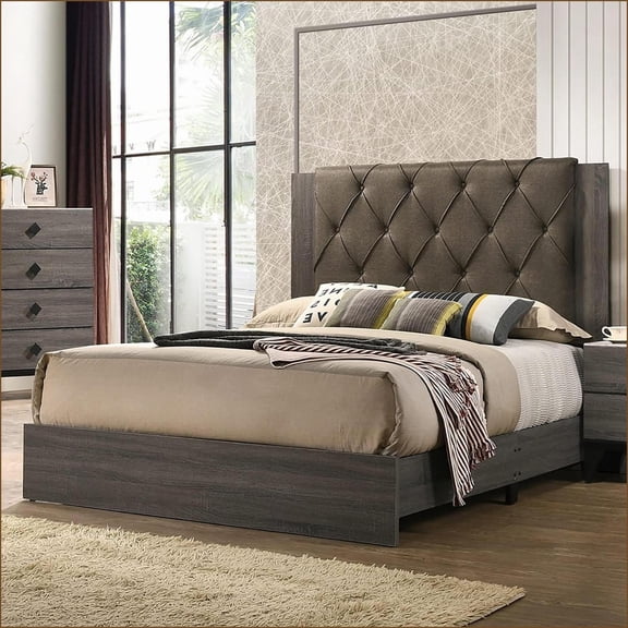 California King Size Rubberwood Bed Frame with Tufted Upholstered Headboard Gray for Master Bedroom