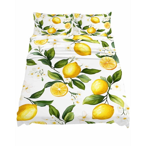 California King Size Summer Lemon Sheet Sets Leaf Yellow Fruit Countryside Watercolor Flower Soft Breathable Microfiber Bed Sheets 4 Piece Bed Sheets Set, 1 Fitted Sheet, 1 Flat Sheet & 2 Pillowcases