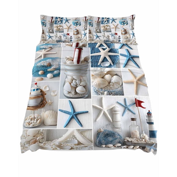 California King Size Summer Nautical Sheet Sets Starfish Shell Lighthouse Fishing Net Soft Breathable Microfiber Bed Sheets 4 Piece Bed Sheets Set, 1 Fitted Sheet, 1 Flat Sheet & 2 Pillowcases