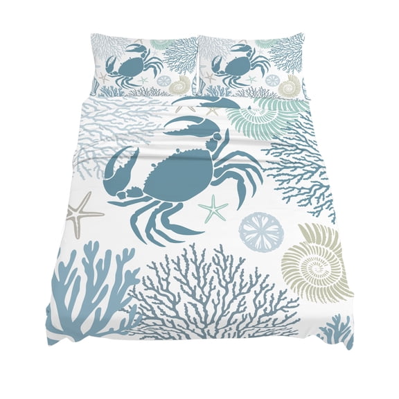 California King Size Summer Sheet Sets Teal Green Crab Coral Seashell Nautical Coastal Ocean Soft Breathable Microfiber Bed Sheets 4 Piece Bed Sheets Set, 1 Fitted Sheet, 1 Flat Sheet & 2 Pillowcases