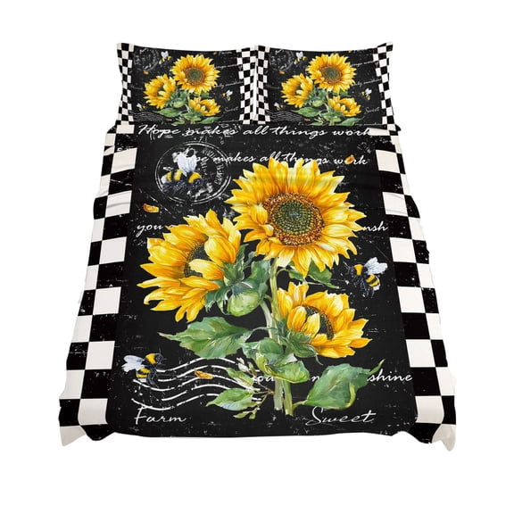 California King Size Sunflower Vintage Sheet Sets Floral Bee Farmhouse Black Buffalo Plaid Soft Breathable Microfiber Bed Sheets 4 Piece Bed Sheets Set, 1 Fitted Sheet, 1 Flat Sheet & 2 Pillowcases